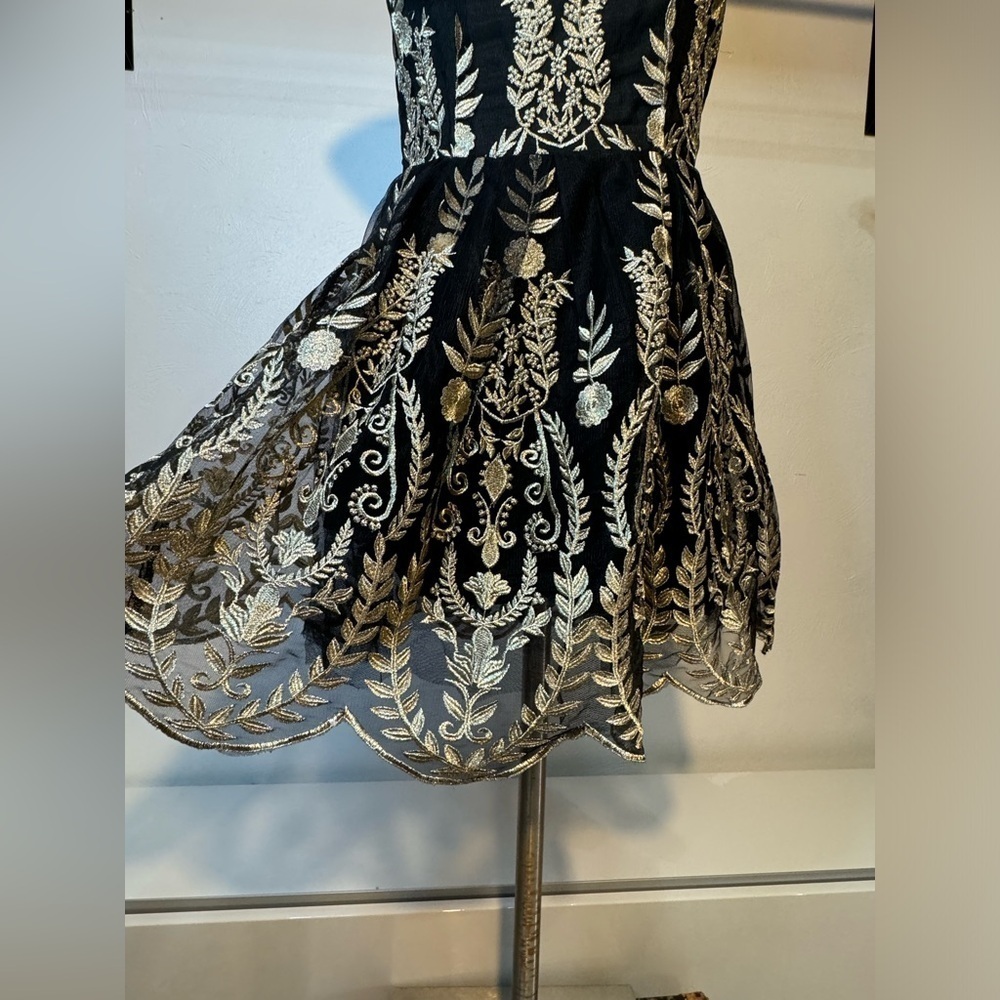 XS Altar'd State Dress Womens Small Black Gold Embroidered Floral tulle teacup - Picture 8 of 13